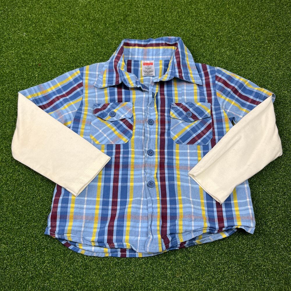 Vintage Fisher Price Toddler Blue Plaid Long Sleeve Button Up Shirt Sz 3T